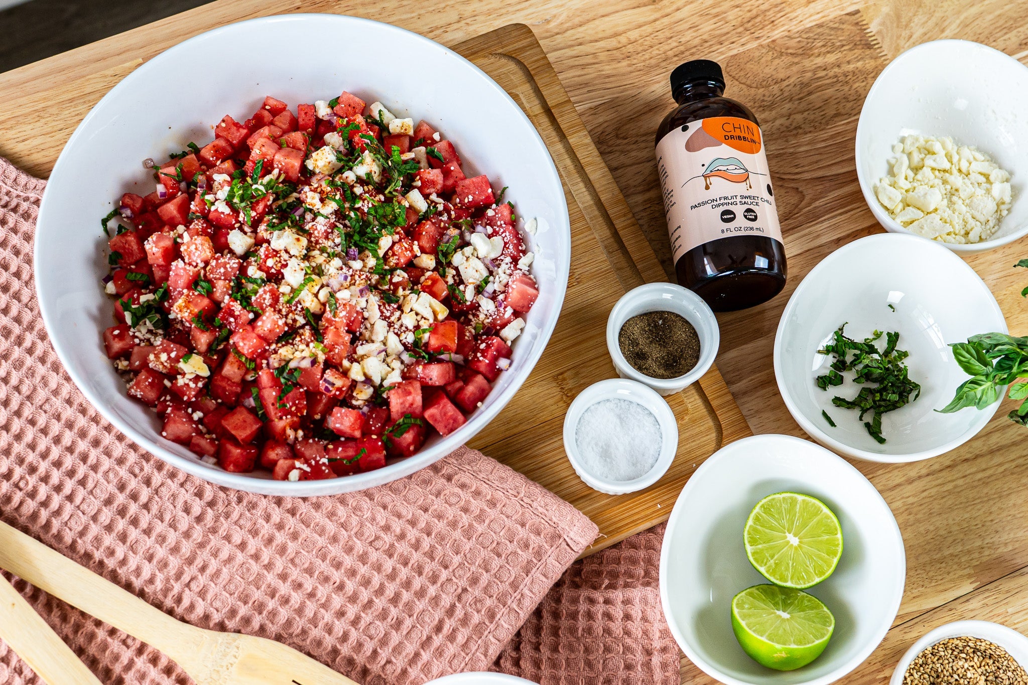 Watermelon Feta Salad with Passion Fruit Sweet Chili Dressing