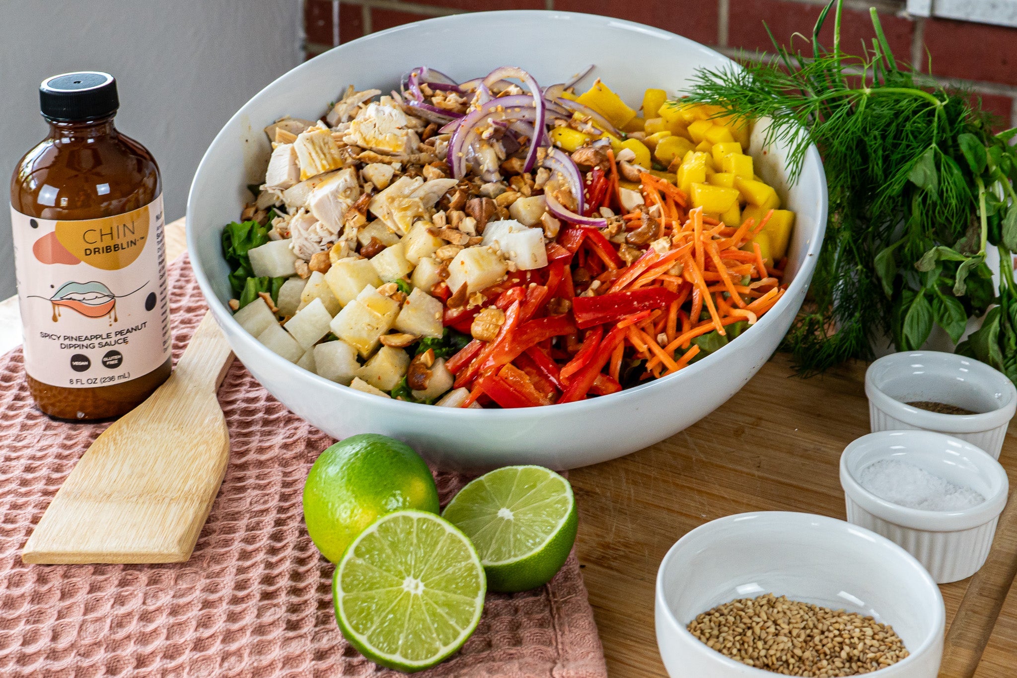 Mango Chicken Chopped Salad with Spicy Pineapple Peanut Dressing