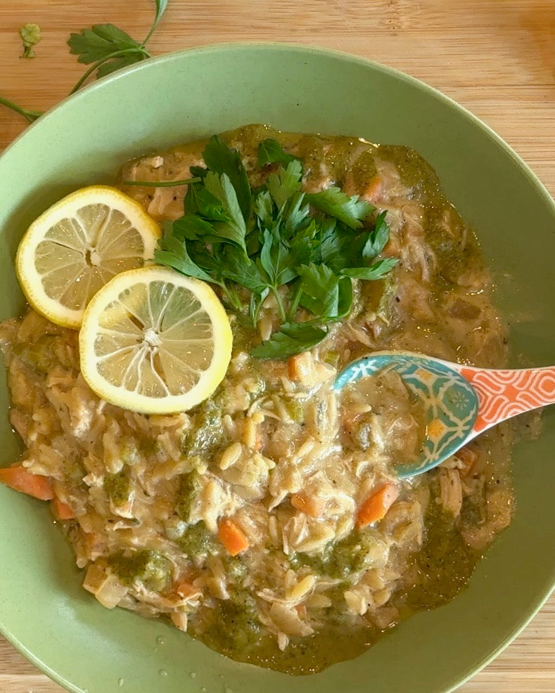Lemon Chicken Orzo Soup with Chimichurri Drizzle