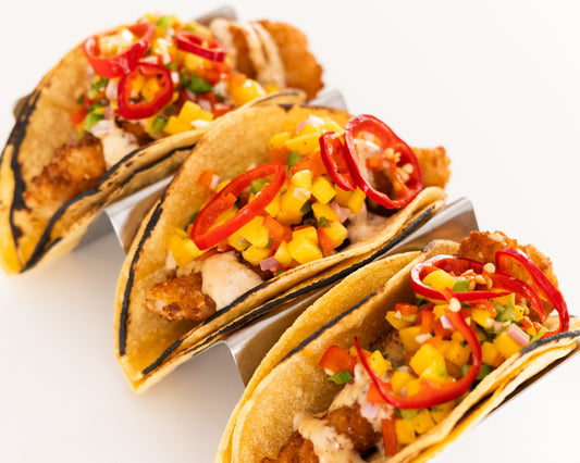 Airfryer Popcorn Shrimp Tacos W/ Mango Salsa and Passion Fruit Sweet Chili Aioli